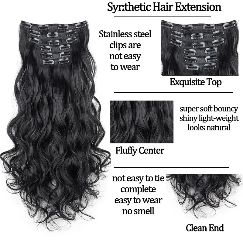 Extensión de cabello rizado largo sintético de 24 pulgadas con 16 clips, resistente al calor, ombre negro, marrón y rubio 4