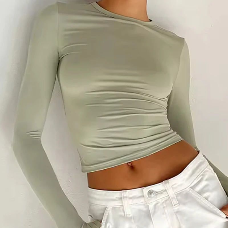 المرأة طويلة الأكمام تي شيرت ربيع الخريف بلون سليم صالح البلوز المرأة الأساسية س الرقبة تي شيرت Y2k الملابس الشارع ارتداء