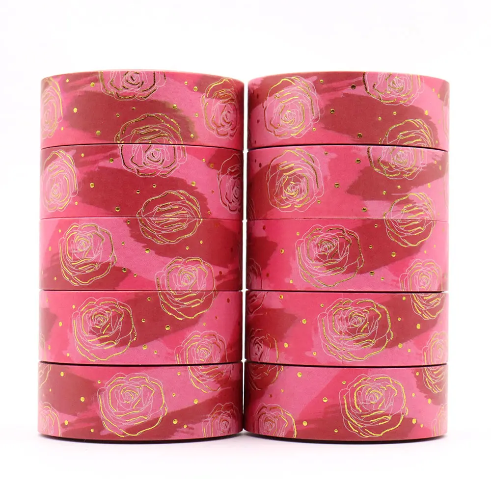 NEW 10pcs/Lot 15mm*10m Gold Foil Roses lines Decorative Washi Tape Stationery Colourful Tape Office Supply washi stickers