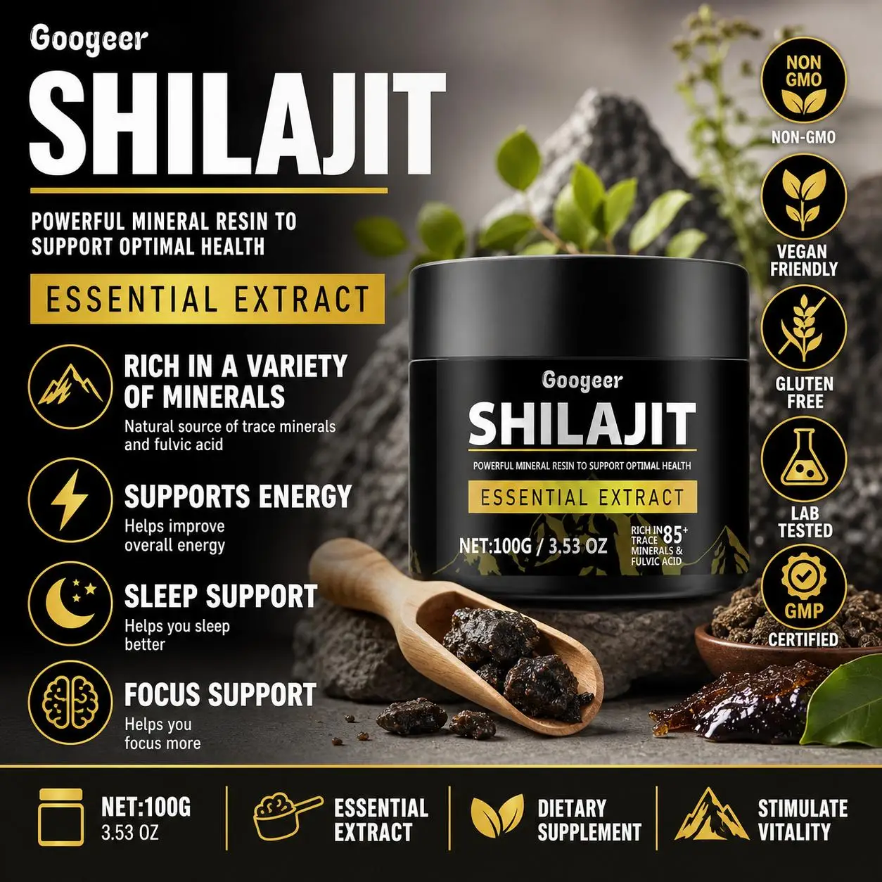 Googeer Shilajit Extract Powder Fulvic Acid 85% Sleep Support Focus Support Licorice Angelica Root Verbena 100G Supplement