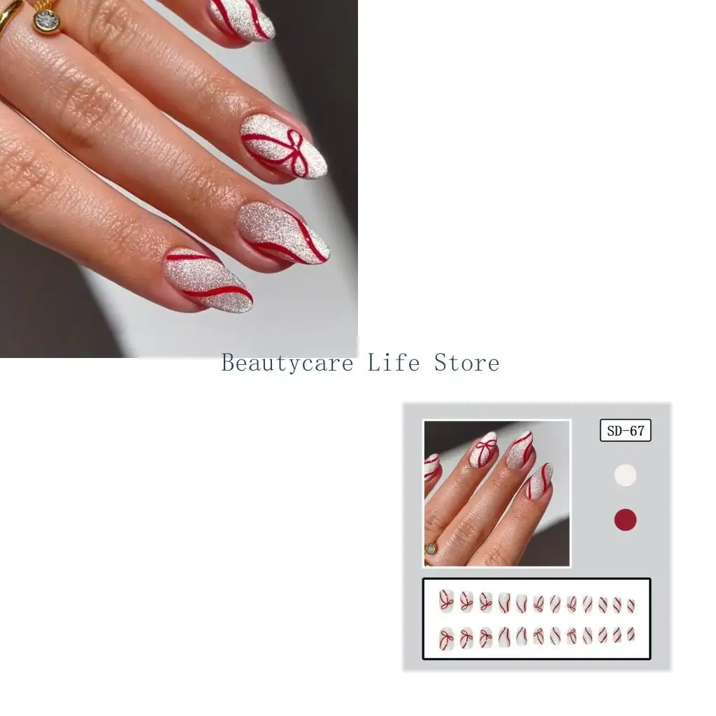 

652C 1 комплект рождественских белых коротких овальных накладных ногтей с красной линией 3D-дизайна для праздничных вечеринок и