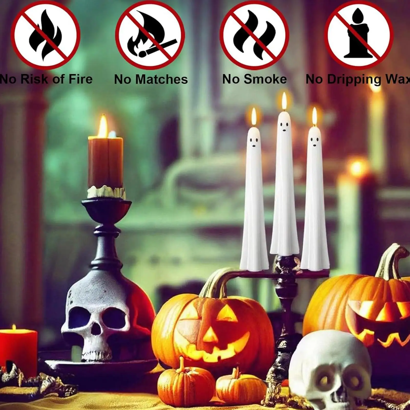 Velas sin llama, velas con batería de fantasma de Halloween, candelabros LED parpadeantes, decoraciones de Halloween para chimenea