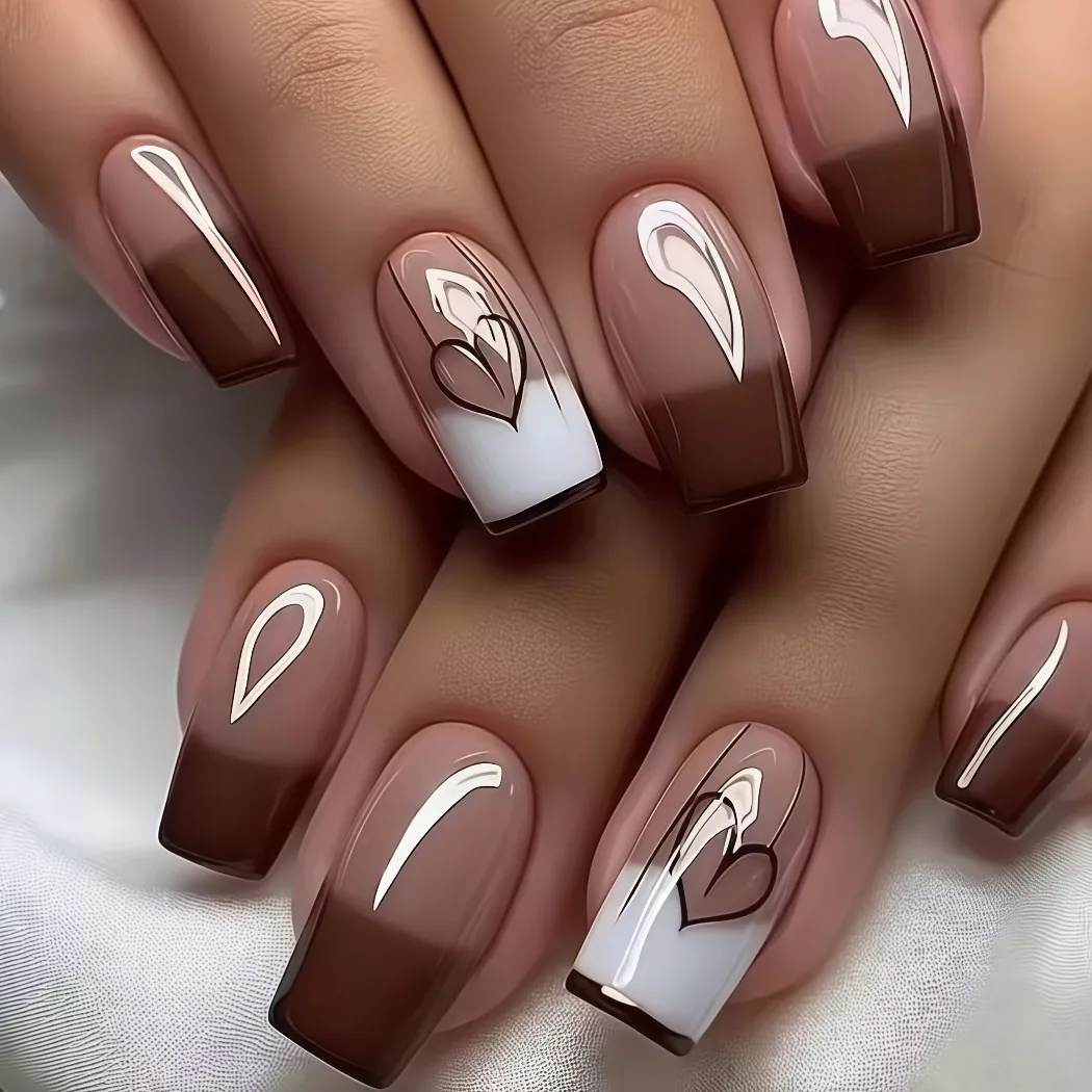 24 Stück/Set mittelgroße Nagelspitzen für Frauen und Mädchen, Herbstblatt, Valentinstag, Herz, Blume, Rot, Braun, Schwarz, Grün, zum Aufdrücken, künstliche Nägel
