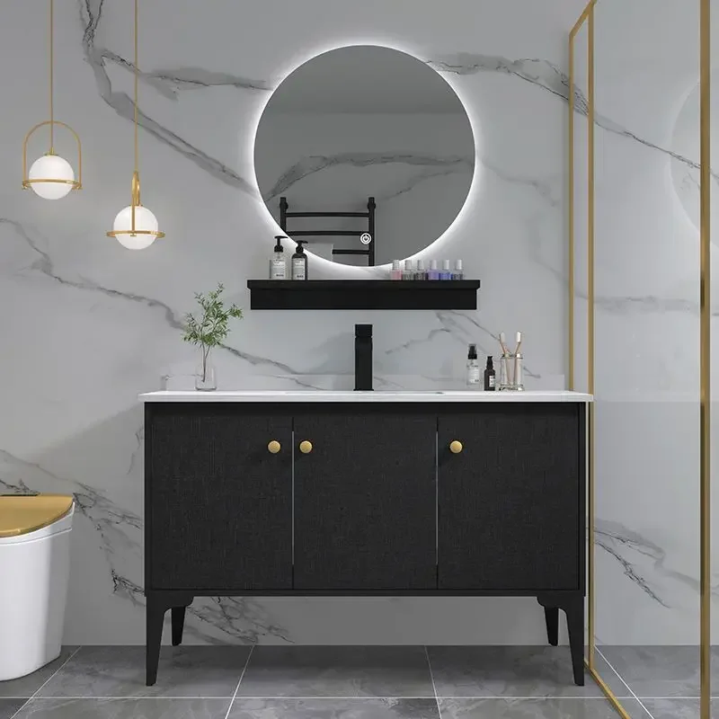 Luxury Solid Wood Bathroom Cabinet with Light Mirror Simple Modern Floor Standing Bathroom Vanity Toilet Sink Bathroom Furniture