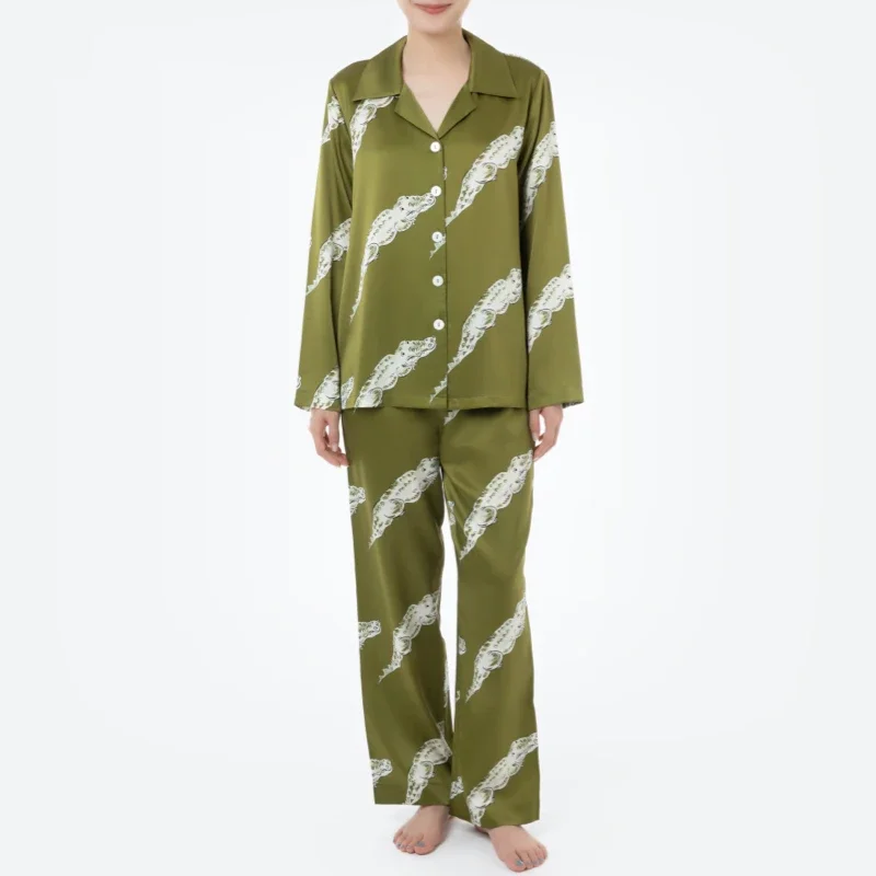 Green Crocodile 100% Mulberry Silk Cute Pajama Set 22MM Silk Long Sleeve Soft Sleepwear Women's Printed Matching Pajamas Couples