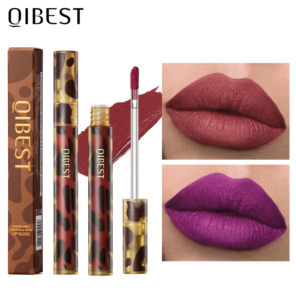 

QIBEST Leopard Print Lip Gloss Velvet Matte Liquid Lipstick Waterproof Nude Lipstick Long Lasting Sexy Women Lip Tint 12 Colors