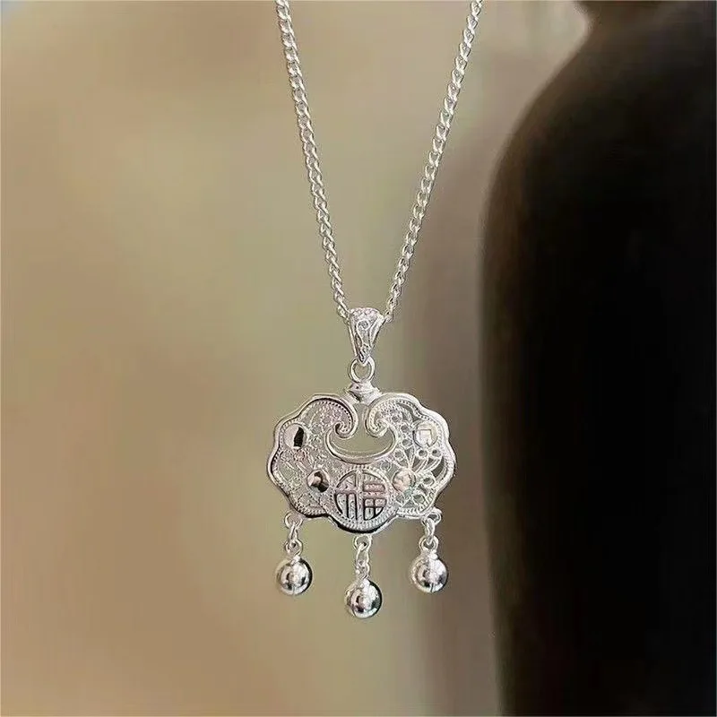 Ping An Lock Women's Necklace Light Luxury Niche Hollow Baby Long Life Lock Gift for Friends' Birthday