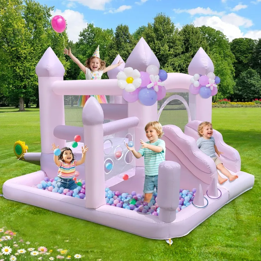 Inflatable Bounce HousePink Indoor Bounce House for 8in1 Jumping Bouncer House with with Ball Pit and Slide for Outdoor Indoor