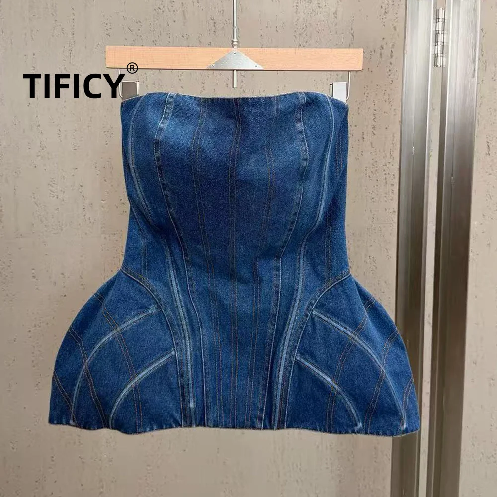 

High Street Tanks Women's Spring/summer Denim Style Strapless Waist Cinching and Three-dimensional Fishbone A Swing Tanks