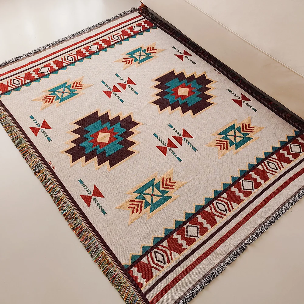 Aztec Print Blanket, Oversized Boho Crystal Velvet Throw with Fringe – Southwestern Geometric Design, Cozy Gift for Home, Travel