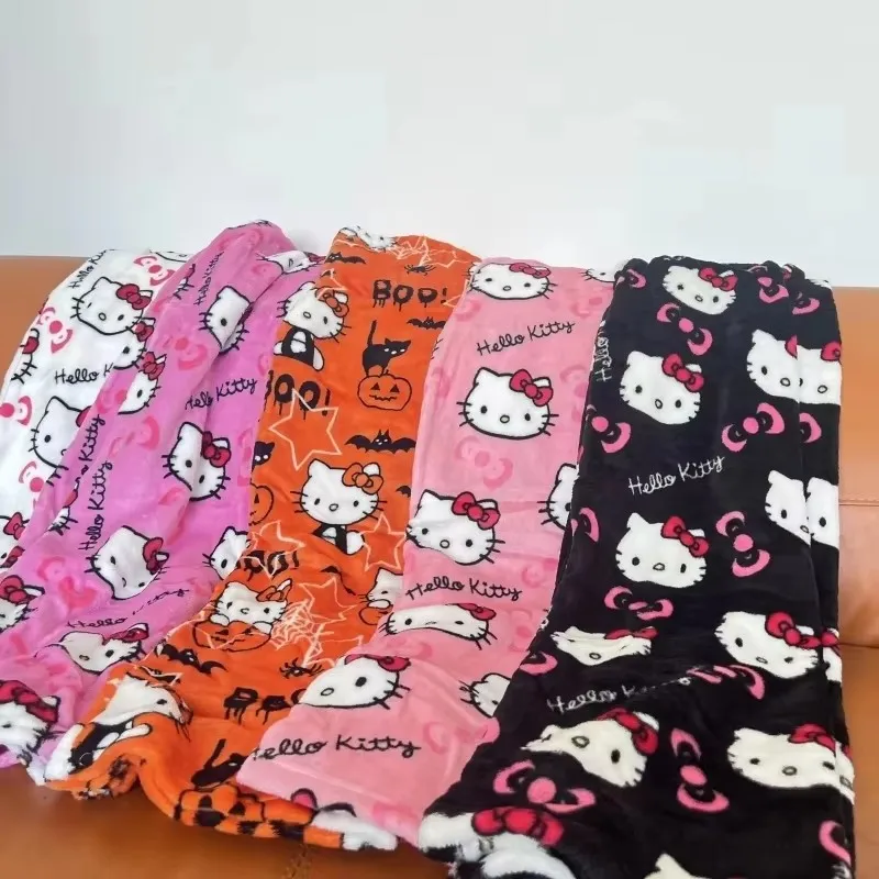 Sanrio-Pijama de Hello Kitty para mujer, pantalón de franela, de lana Kawaii, de dibujos animados, informal, para el hogar, para Halloween, Otoño,