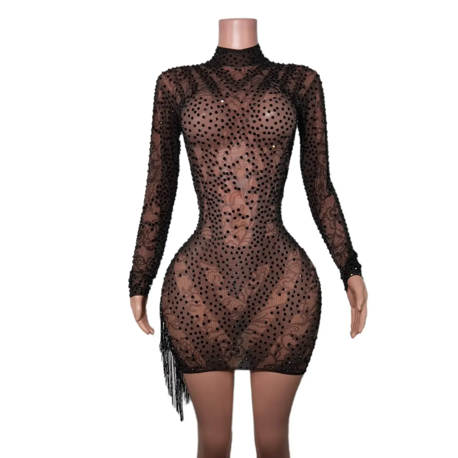 

Customize Sexy Rhinestone Mesh See-through Shiny Diamond Tassel Short Dress Women Party Prom Long Sleeve Evening Gown Stage Wear