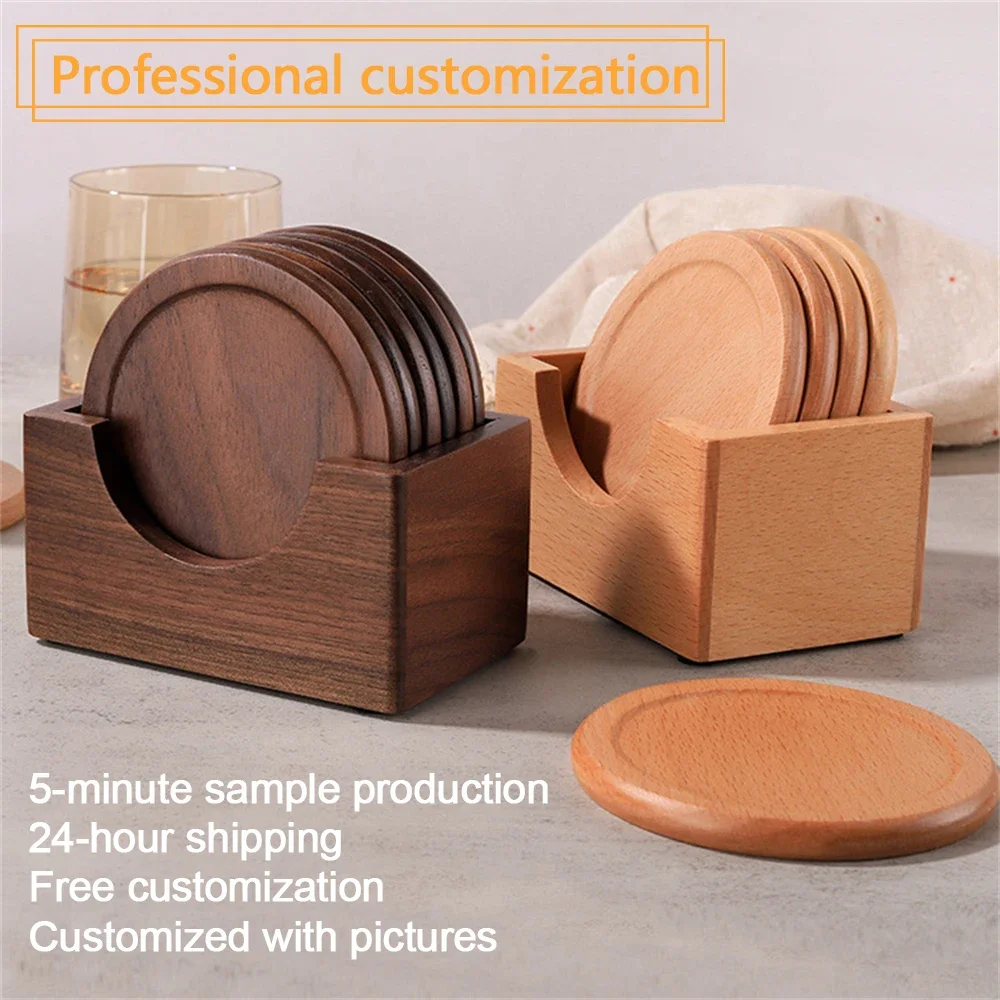 6pcs/set Free Custom Carved Walnut Wood Coasters Placemats Decorative Round Insulated Japanese Beverage Coasters Home Decor