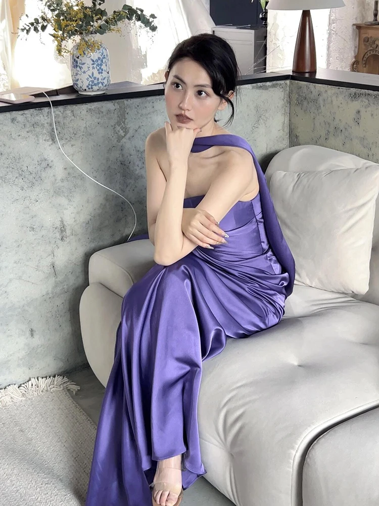

Purple Satin Evening Dr Fi Tail Wedding Dr Host Gown Korean Sle Zipper Bal Long Skirt for Banquet Performance
