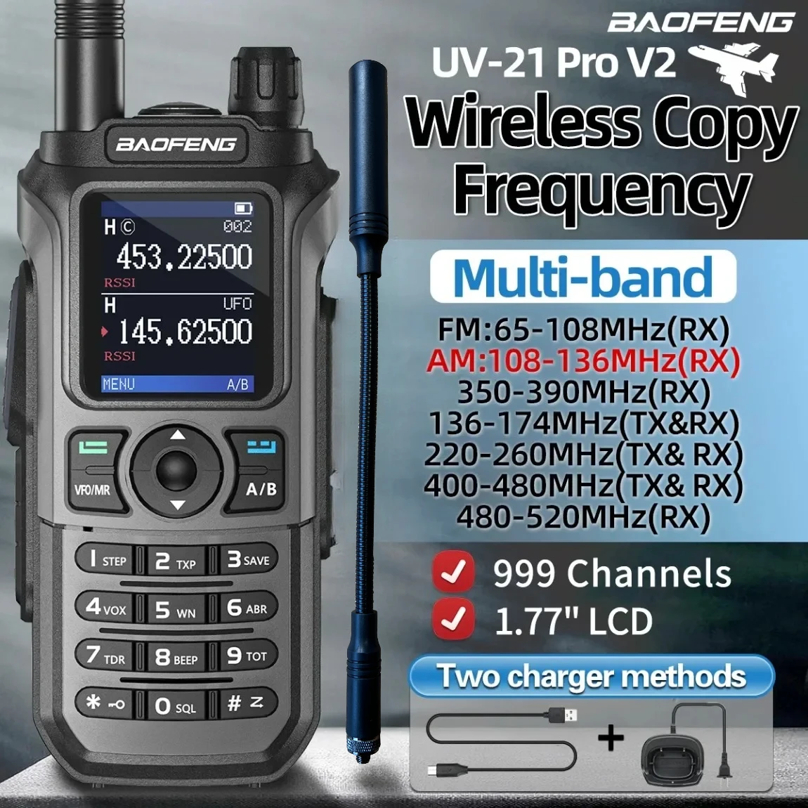

Baofeng UV 21 Pro Wireless Copy Frequency Walkie Talkie 16 KM AM Long Range Waterproof Multi-Band Type-C Charger Ham Radio UV 5R