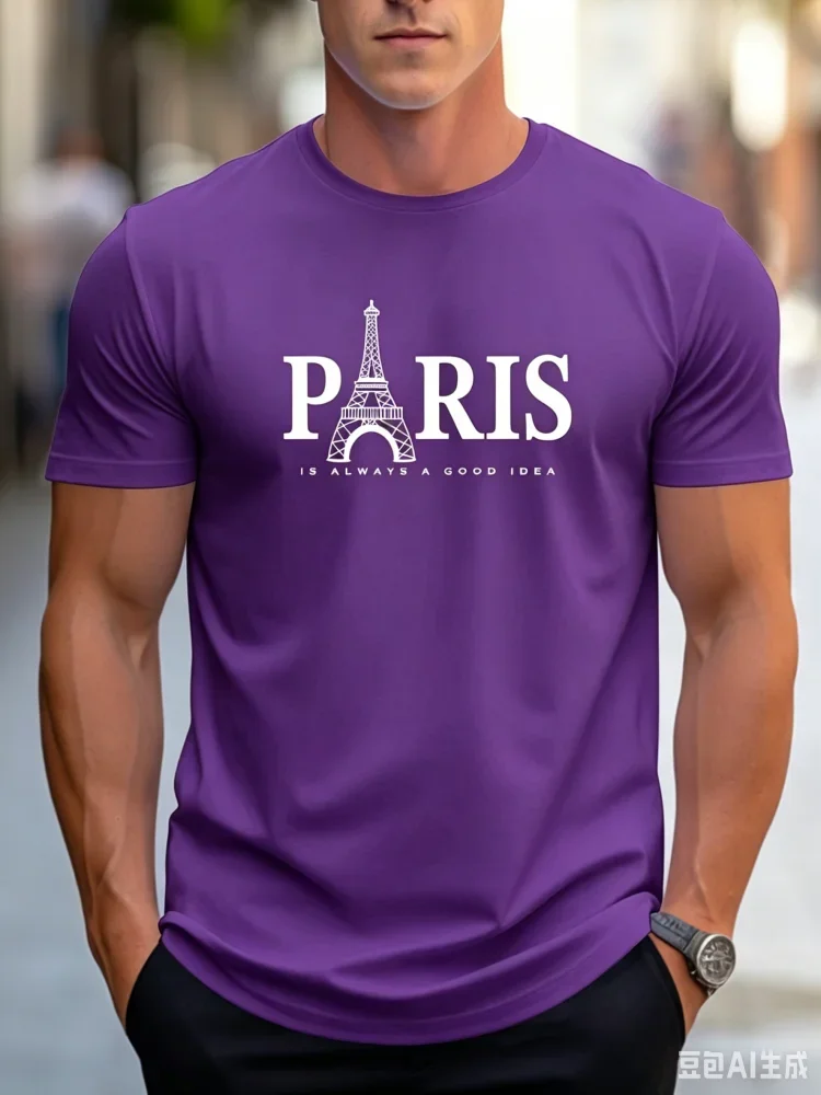 Fashion New Men's Paris Eiffel Tower Printed T-shirt Crew Neck Short Sleeve Travel Casual Streetwear Tops