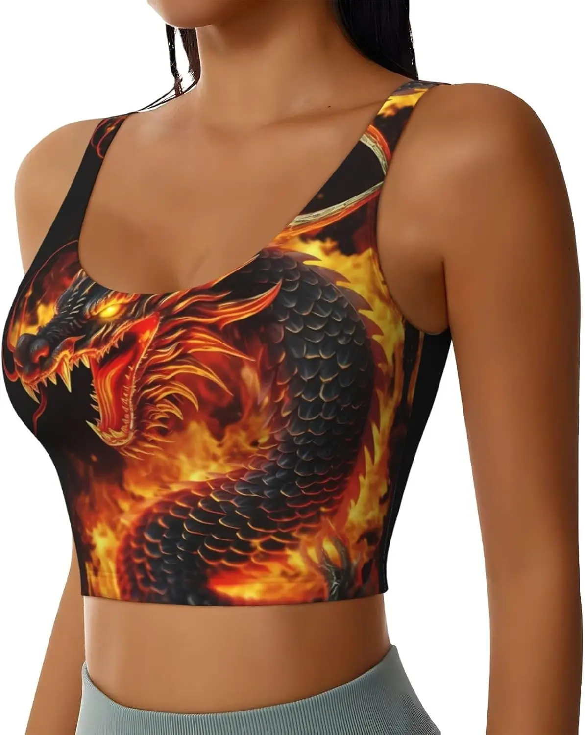 Fire มังกรจีนพิมพ์ผู้หญิงกีฬาเสื้อกั๊กเต้นรําโยคะเสื้อกั๊กพิมพ์กีฬา Bra Top Vest