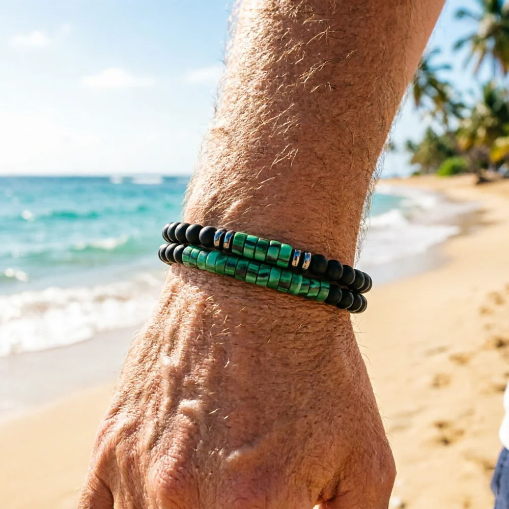 Vacation Style 2Pcs Natural Stone Bracelet Set Men Tiger Eyes Malachite Emperor Beads Healing Braslet Beach Casual Homme Joias