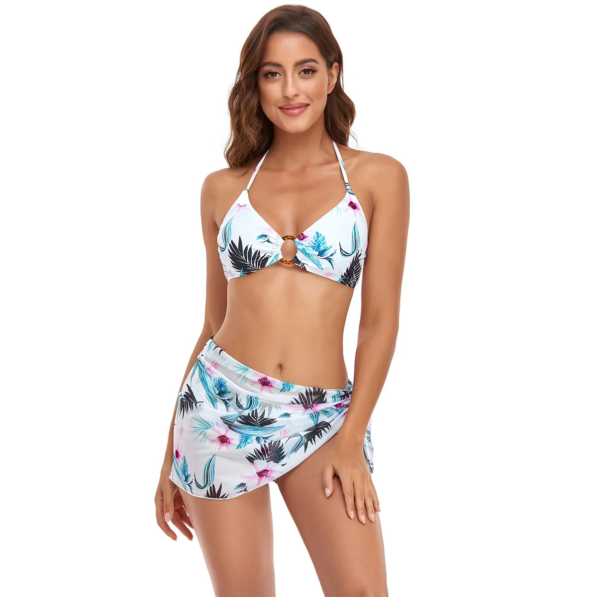 Leaf Print 3 Pieces Bikinis Set with Cover Up Skirt Women's Swimsuit Traingle Halter Bathing Suit Push Up Swimwear 2024 Women