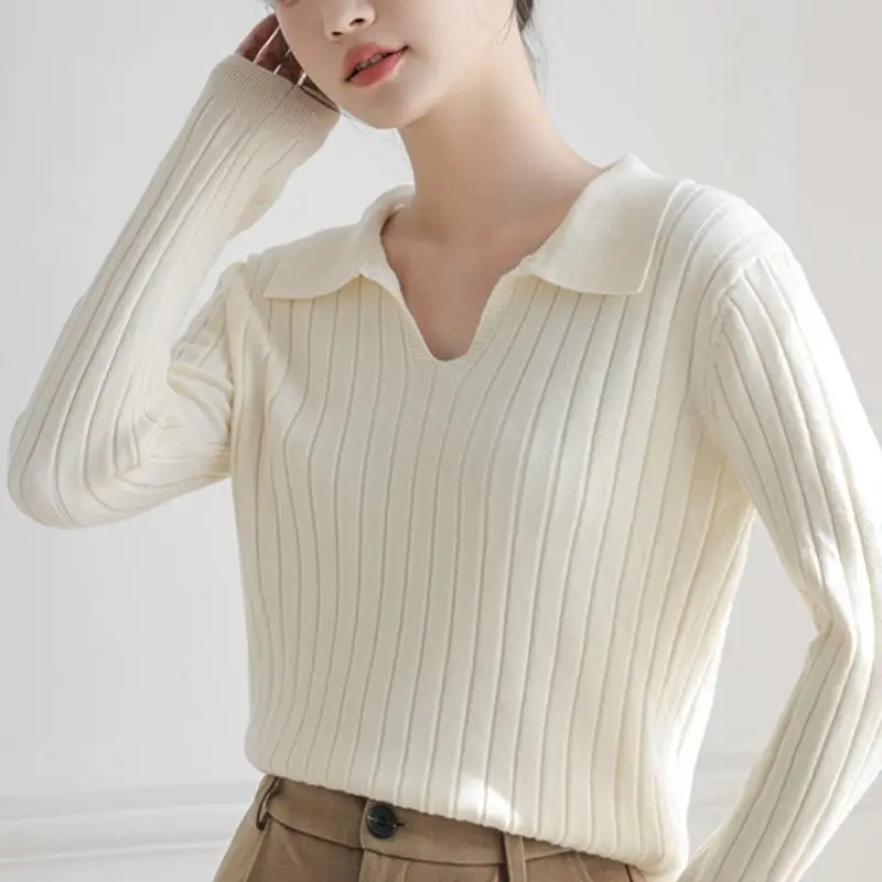 

2024 Women's Autumn Winter Pullover Solid Base All Match Sweater Lapel Polo Neck Knitted White black Bottoming Top Sweaters