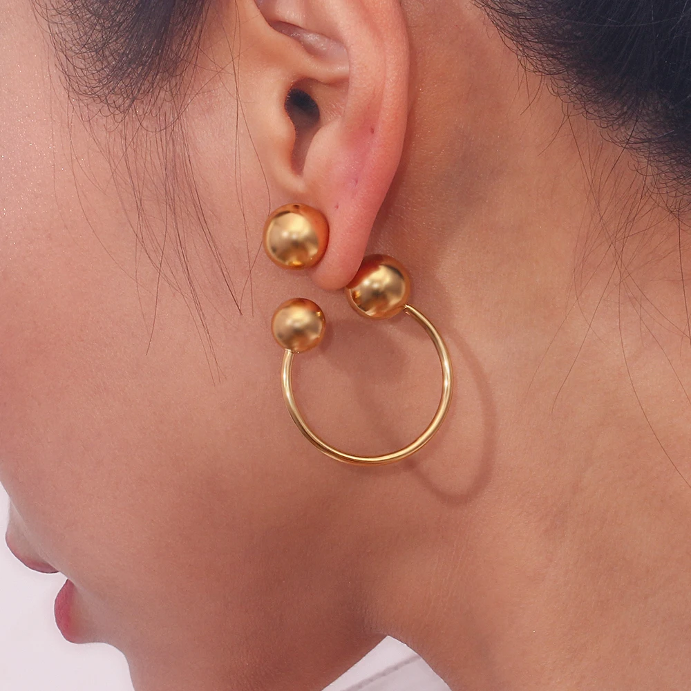 Modern Gold Plated Silver Color Stainless Steel Round Hoop Earrings For Women Front And Back Side Ball Stud Earrings For Women