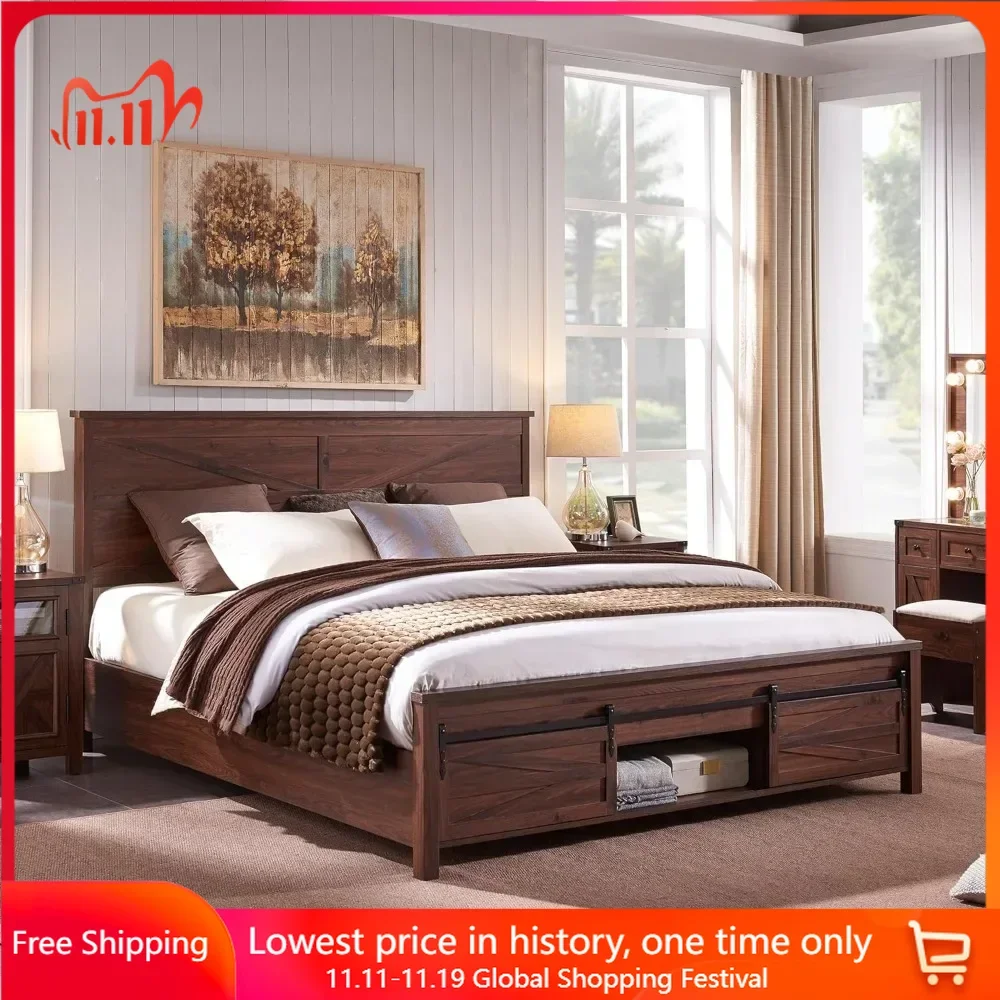 Queen Size Bed Frame with Sliding Barn Door Storage Cabinets and Headboard, Solid Wood Slats Support, Bed Frame