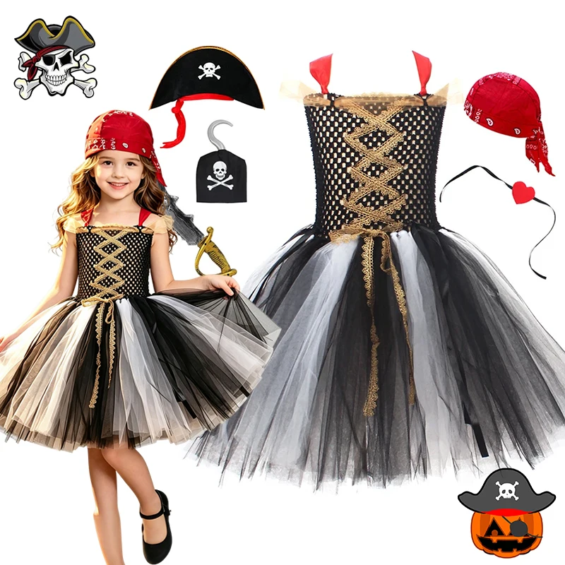 Girls Pirate Princess Tutu Dress Sling Corset Bodice Black White Tulle Skirt  Eye Patch For Halloween Cosplay Party Outfit