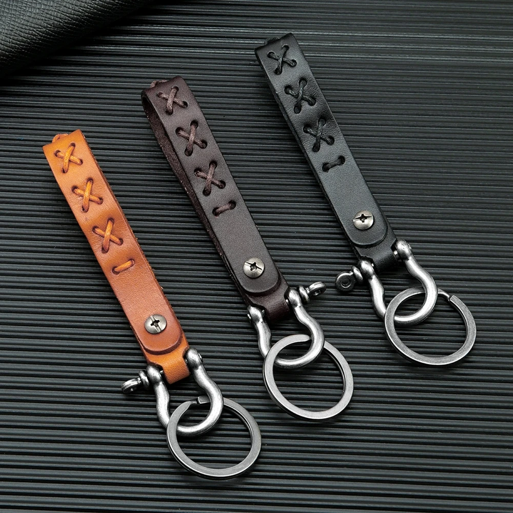 MKENDN Vintage Creative Handmade Leather Keychain Real Cowhide Car Key Rope Personalized Wrist Key Chain DIY Pendant Gift