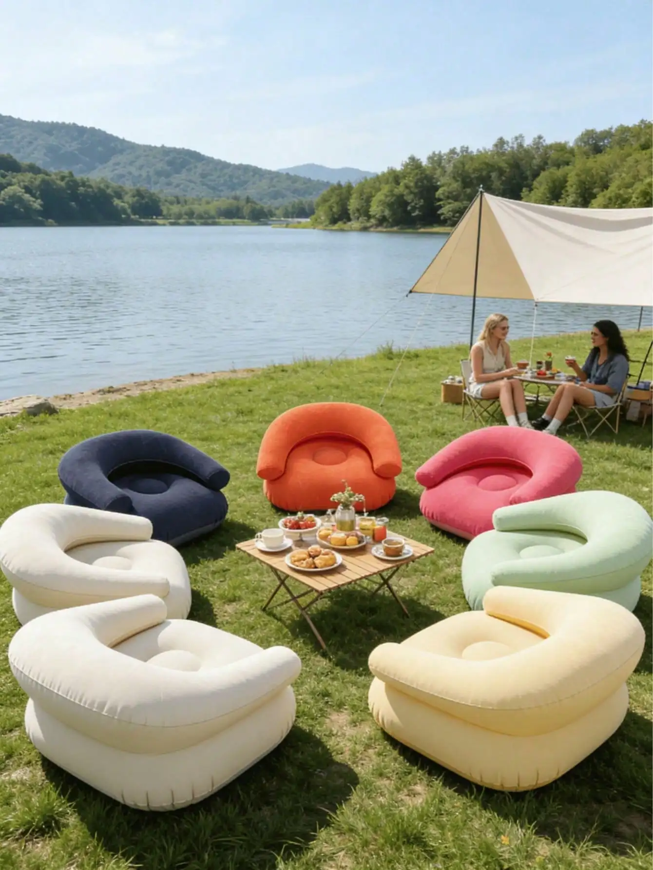 Portable Inflatable U-Shaped Leisure Sofa Chair, Lightweight Foldable PVC Outdoor Lounge Chair for Camping, Picnic & Balcony