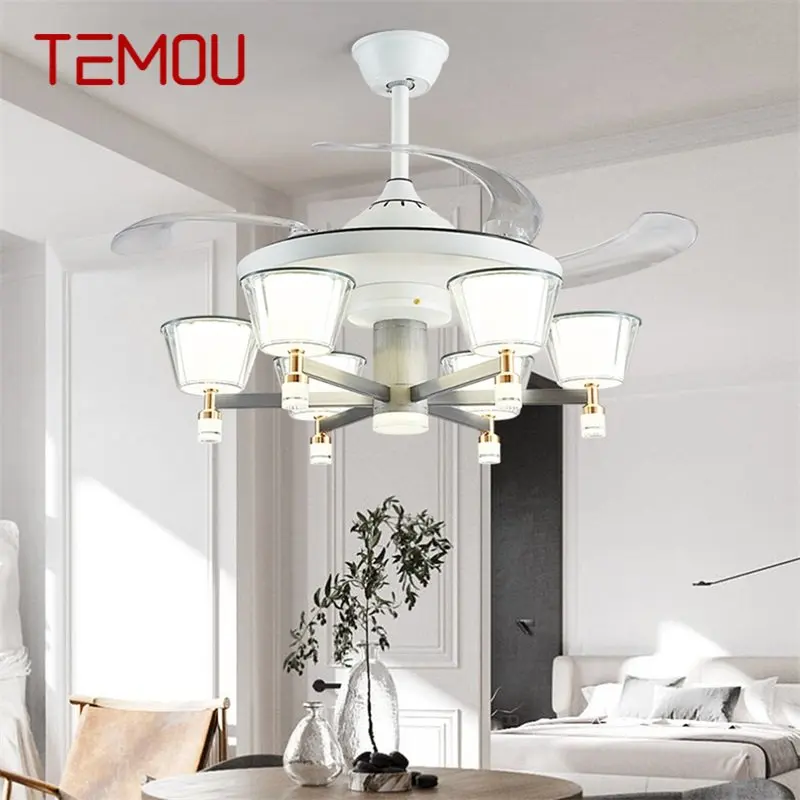 

TEMOU Lamp With Ceiling Fan White With Remote Control Invisible Fan Blade LED Fixtures Home Decorative For Living Room Bedroom