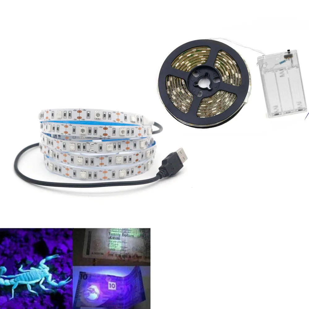 UV Led Strip light USB battery 5050 395-405nm Ultraviolet Ray LED Diode Ribbon DJ Fluorescence Flexible Tape lamp 1m 2m string