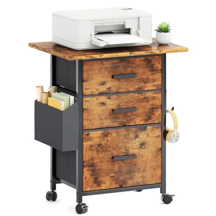 

3 Drawer File Cabinet with 24'' Extended Desktop Mobile Filing Cabinet Printer Stand Rolling Printer Stand with Side Bag Fabric