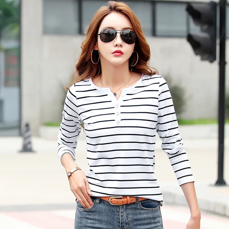 Cotton T-Shirt Women Long Sleeve Striped T Shirt 2024 Spring Autumn Female Clothes Fashion Top Tee Lady V-neck Tops 7215