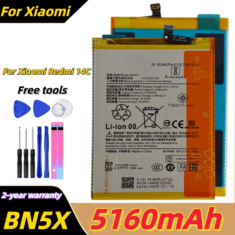 

BN5X 5160mAh Mobile Phone Battery For Xiaomi Redmi 14C High Quality High Capacity Battery Replacement Bateria with Tools
