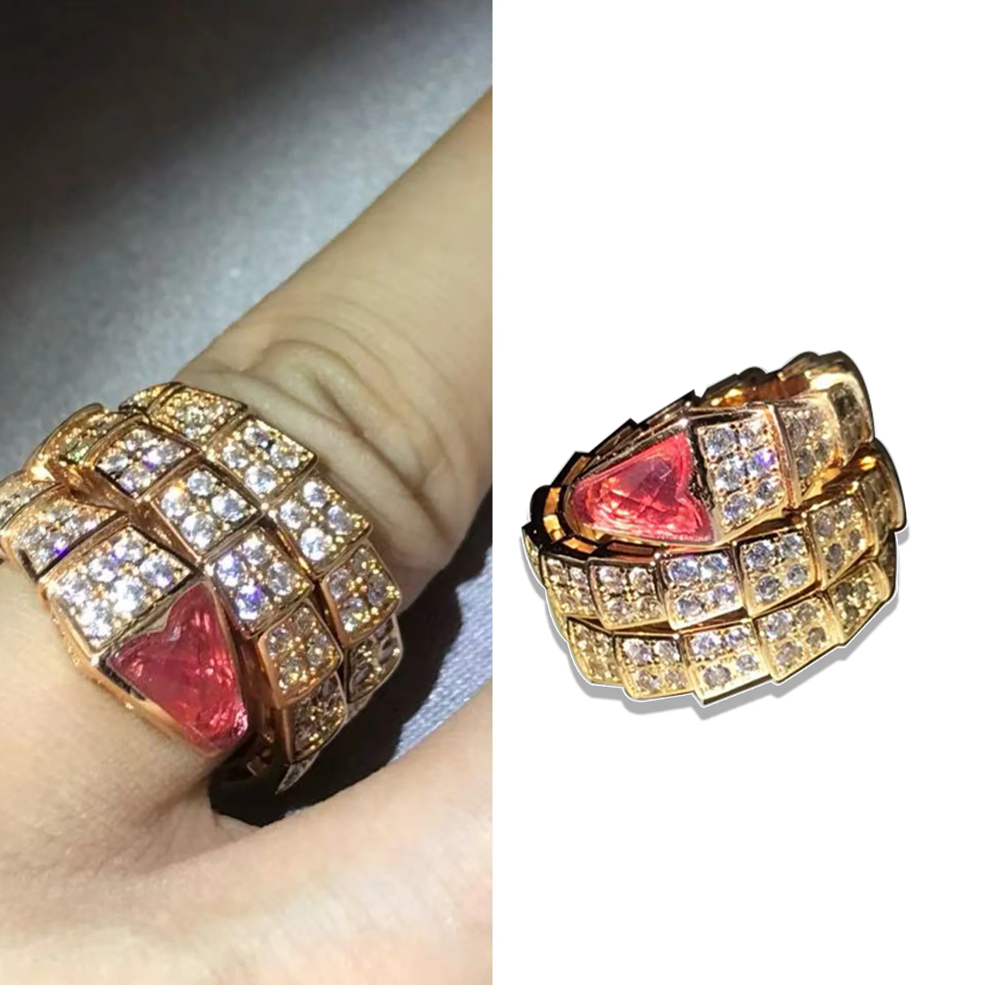 

High end diamond studded double ring snake bone ring made of pure silver S925, with a light luxury temperament, Serpenti series