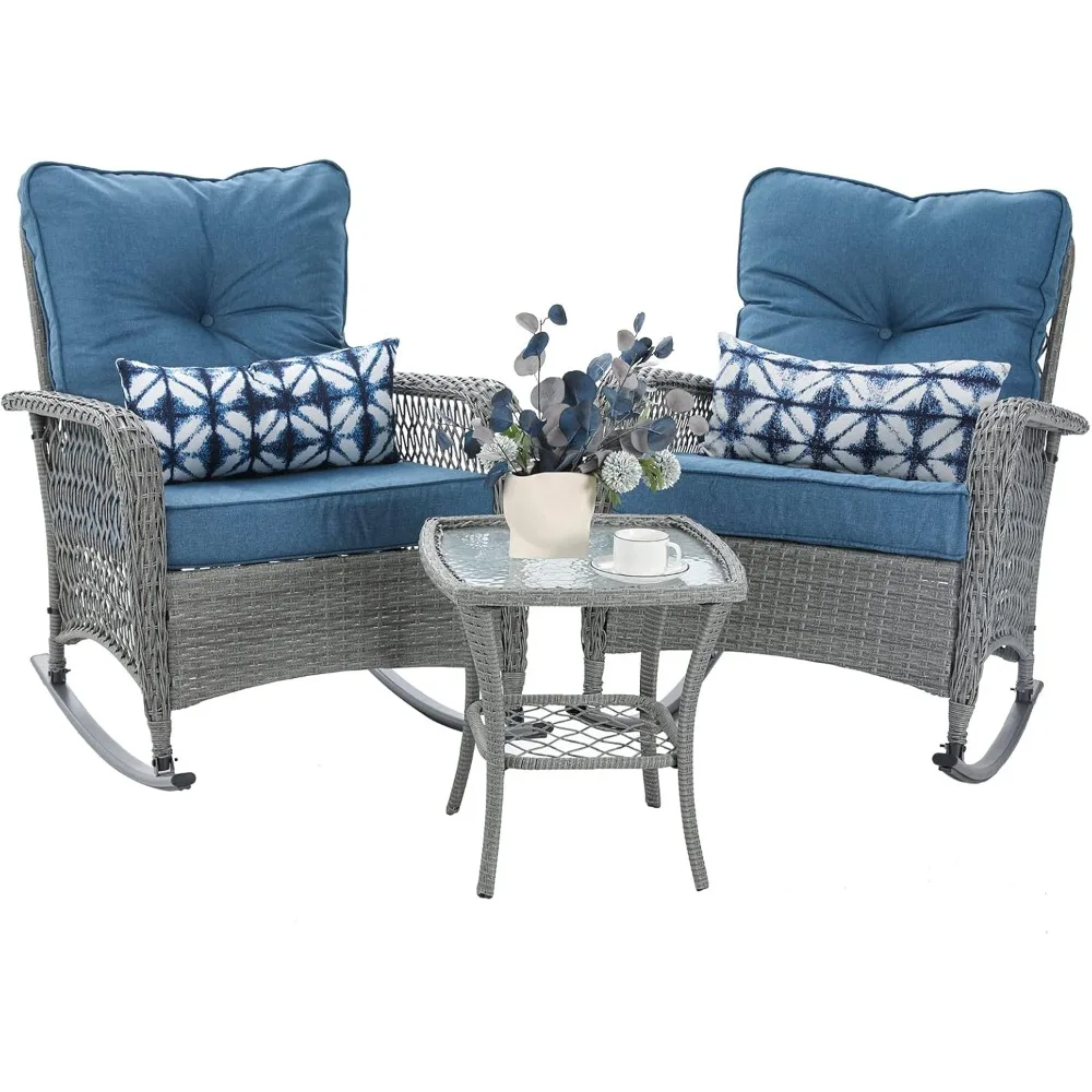 

3-Piece Wicker Bistro Set with Cushioned Rocking Chairs and Coffee Table for Outdoor Porch Use