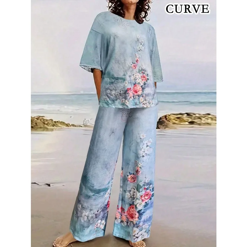 

Plus Size Woman Printed 2 Pieces Pants and T-Shirt Ladies' Suit High Waisted Pants Fashion Two Piece Sets