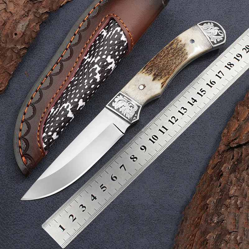 Survival Knife 9CR18 Steel Full Tang Fixed Blade Knife With Holster Antler Handle Outdoor Camping Knives Hunting EDC Tools