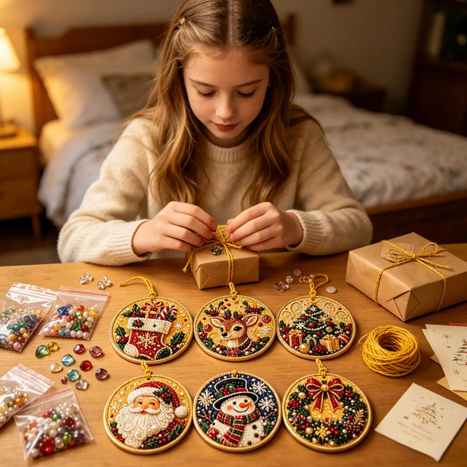 Christmas Pearl Art Ornament Kit 6 Pieces Wood Holiday Tree Pendants DIY Rhinestone Painting Set for Beginners Professionals