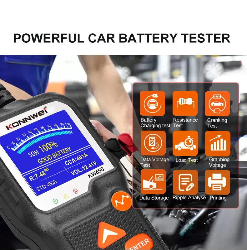 Other Vehicle Tools Konnwei Kw650 Automotive Battery Tester 12V 12Volt  Battery Analyzer with Load 2.4inch Color Screen  OEM ODM