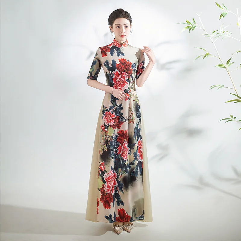 Summer Women Vietnam Ao Dai Cheongsam Vintage Flower Print Chinese Traditional Wedding Party Dress