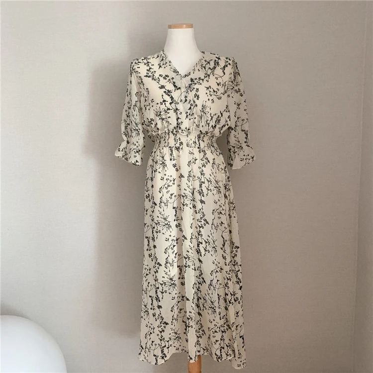 Vintage Korea Fashion Clothing Summer Slim Elastic Waist A Line V Neck Elegant Office Lady Floral Chic Chiffon Long Dress Retro