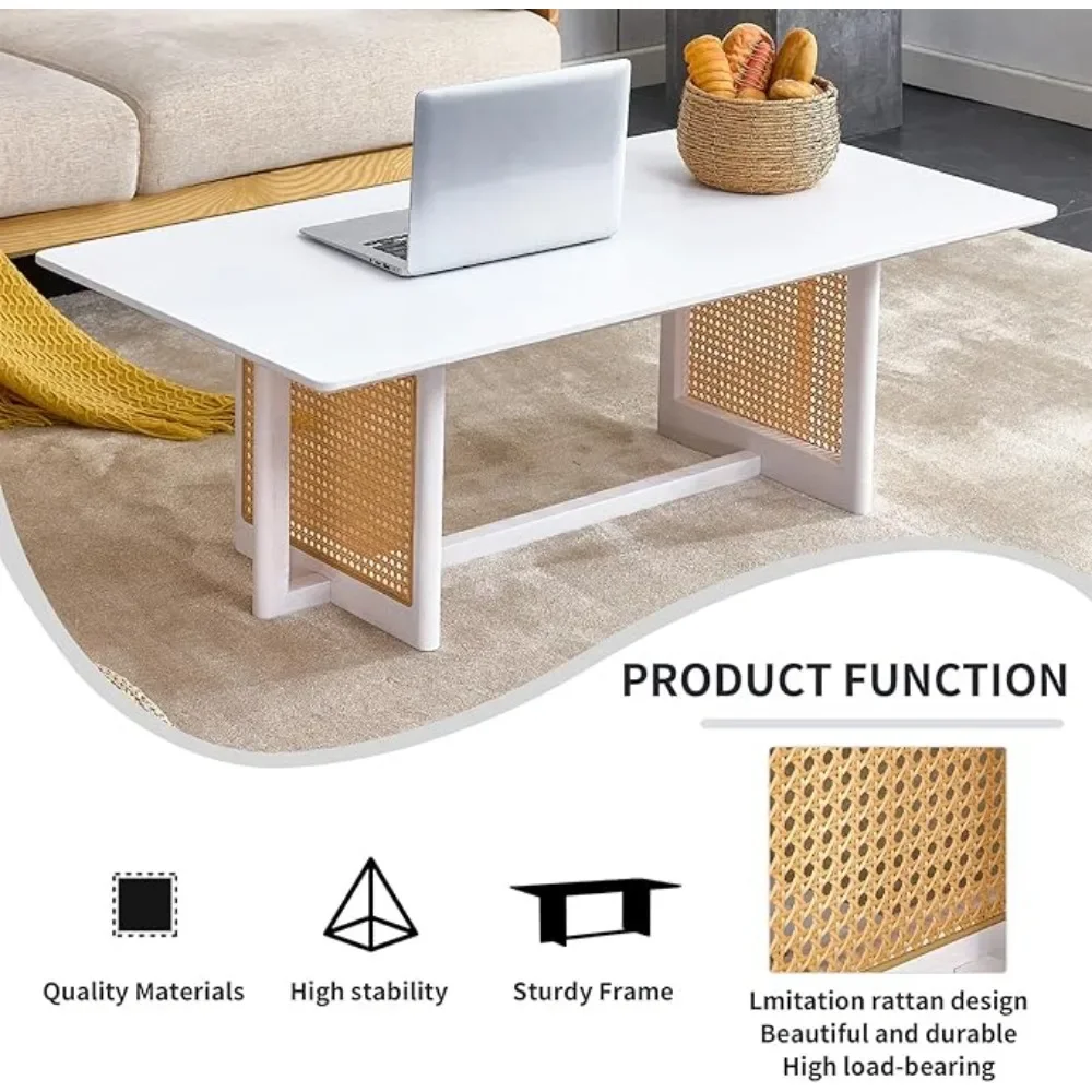 Mesa de centro moderna de ratán de imitación bohemio para sala de estar, mesa de té de centro de madera maciza Rectangular de estilo minimalista