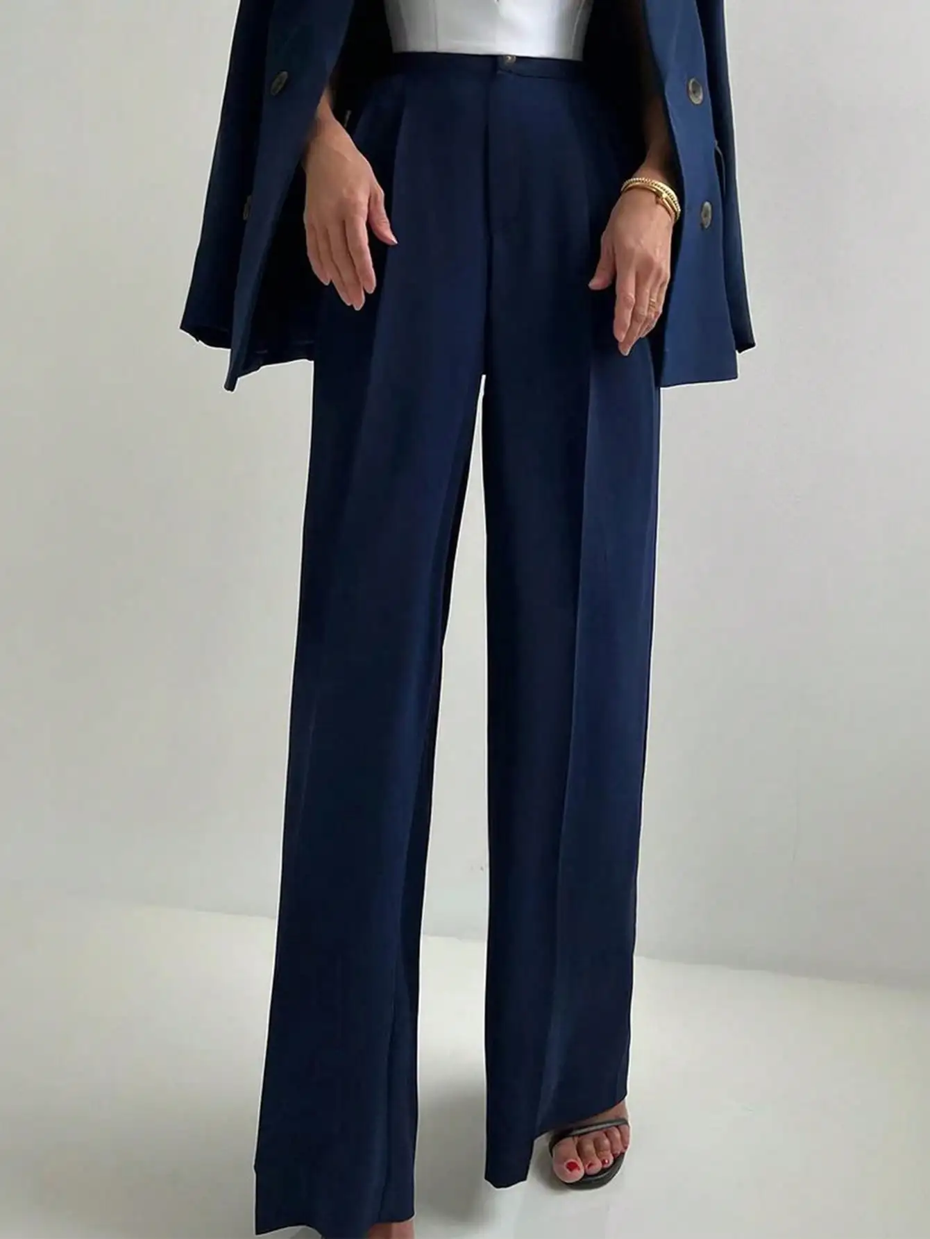 ผู้หญิงสบายๆเอวยางยืดปุ่มกางเกงขาตรงสําหรับการเดินทาง, กางเกงสูทสไตล์หรูหราสําหรับ Office Lady Business