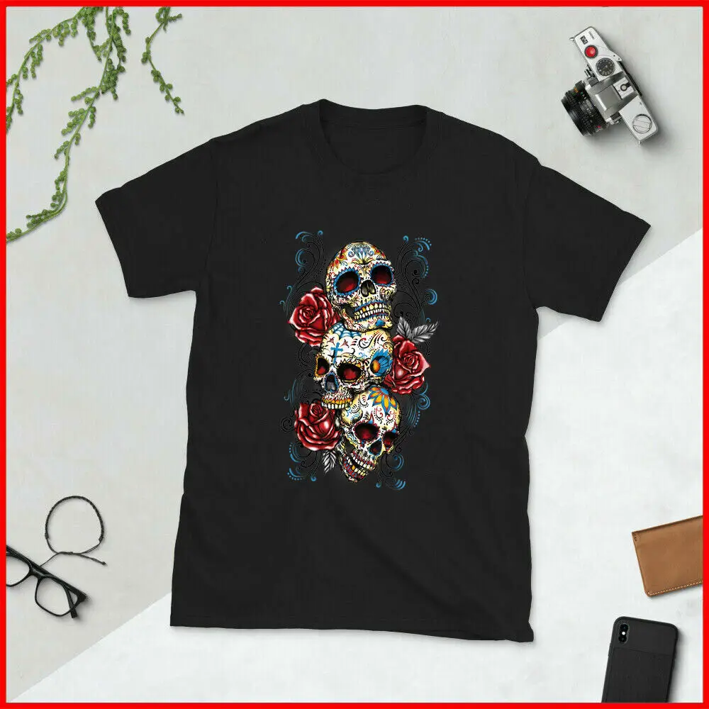 Sugar Skull T Shirt Roses Three Skull Tshirt Day of the Dead T-Shirt