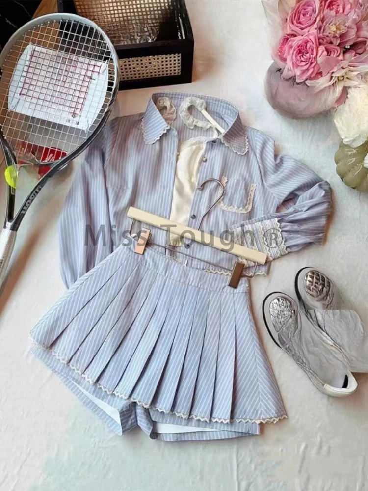 Winter Korean Sweet New 3 Piece Set Women Blue Solid Vest + Chic Coat + Pleated Skirt Preppy Style Chic Striped Fairy Suit 2024