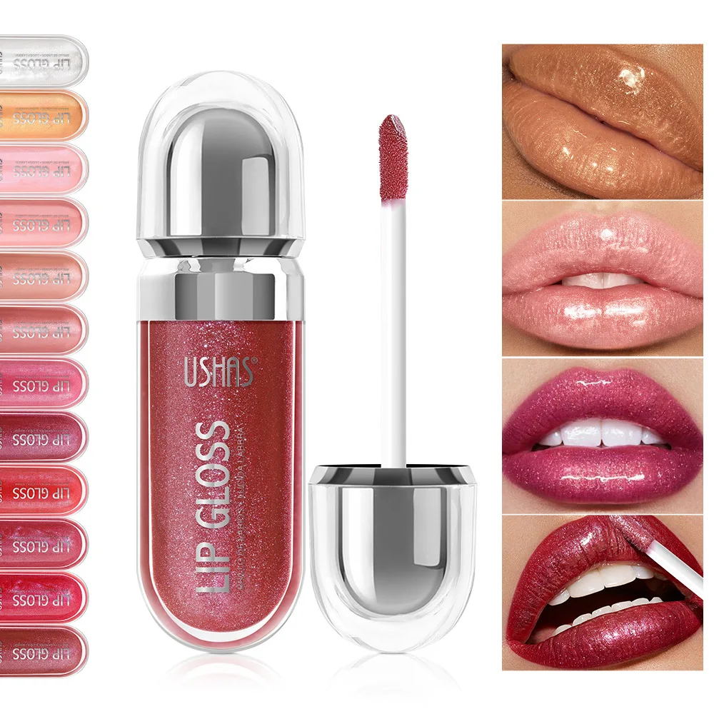 

USHAS 12 colors pearlescent fine flash liquid lip glaze mirror hydration waterproof non-stick cup lip gloss