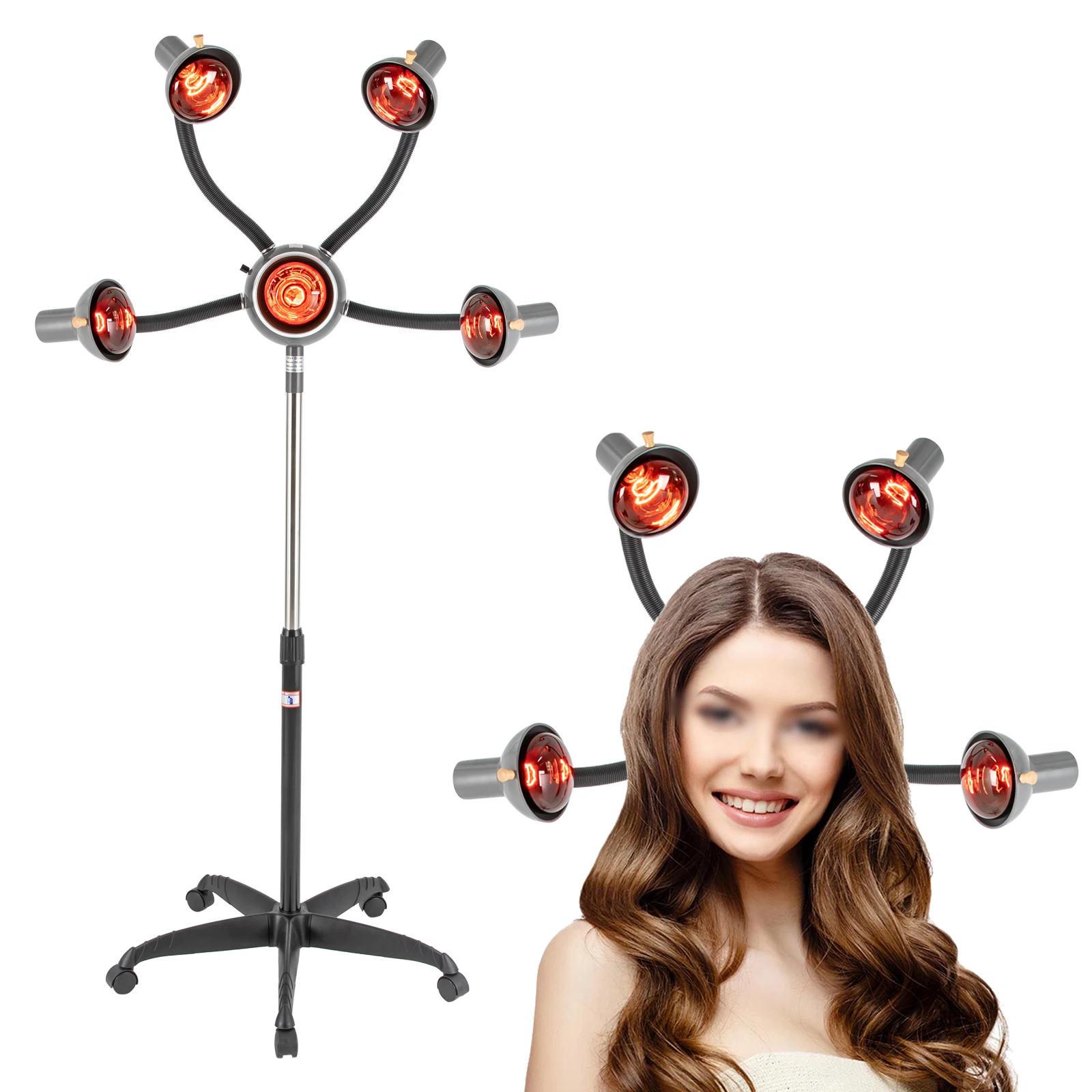 

750W 5-Head Infrared Hair Steamer Adjustable Height Hair Steamer Machine W/ Wheels & Heat Therapy for Perm Dyeing Salon