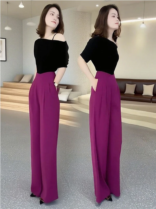 

Faionable Midi Sve T-irt And High Waist Wide Leg Pants Two Piece Set for Women Ele And Youthful Summer Outfit