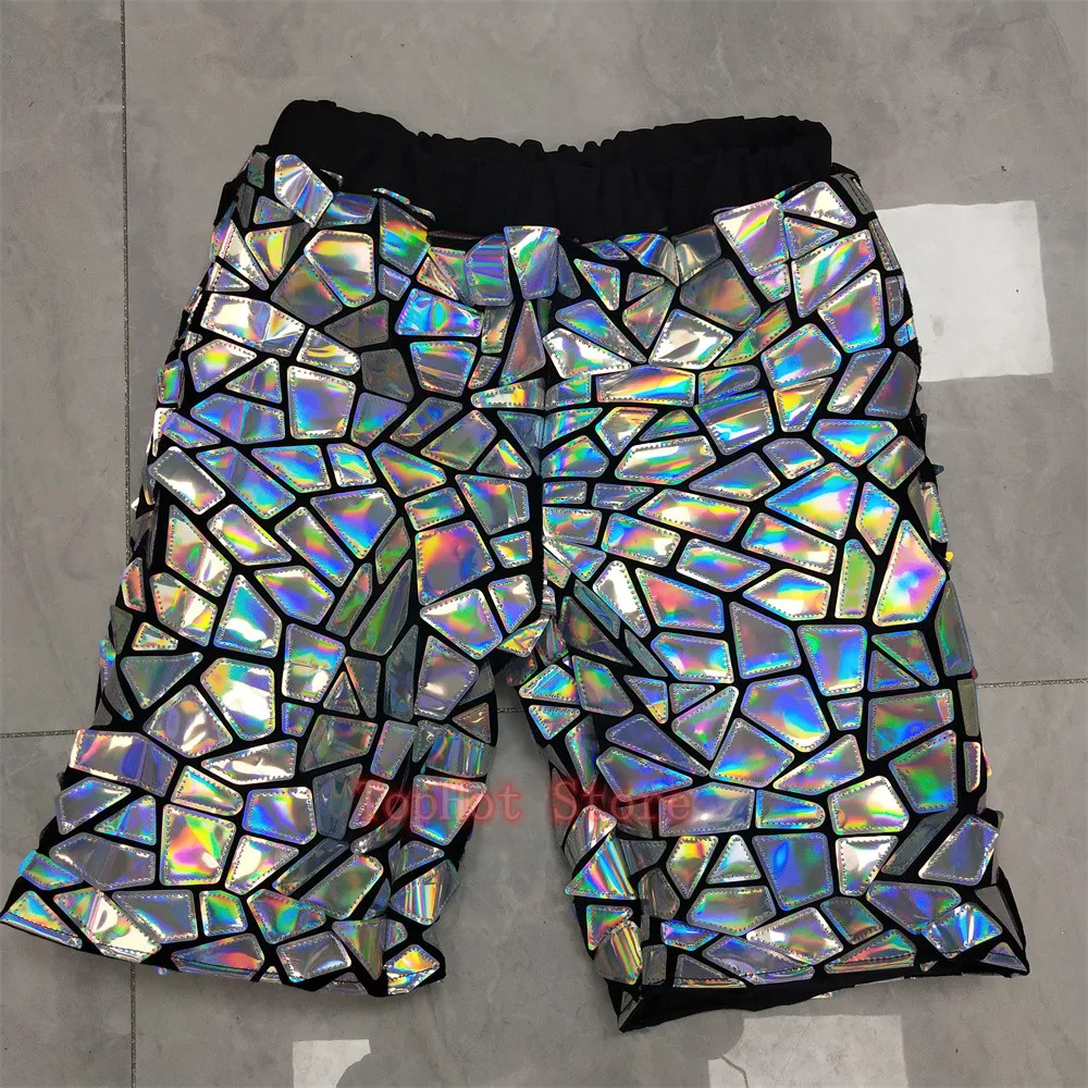 Men Purple Silver Laser Mirror Sequins Short Trousers Loose Casual Pants Bar Nightclub Party Stage Wear DJ Singer Dance Costume